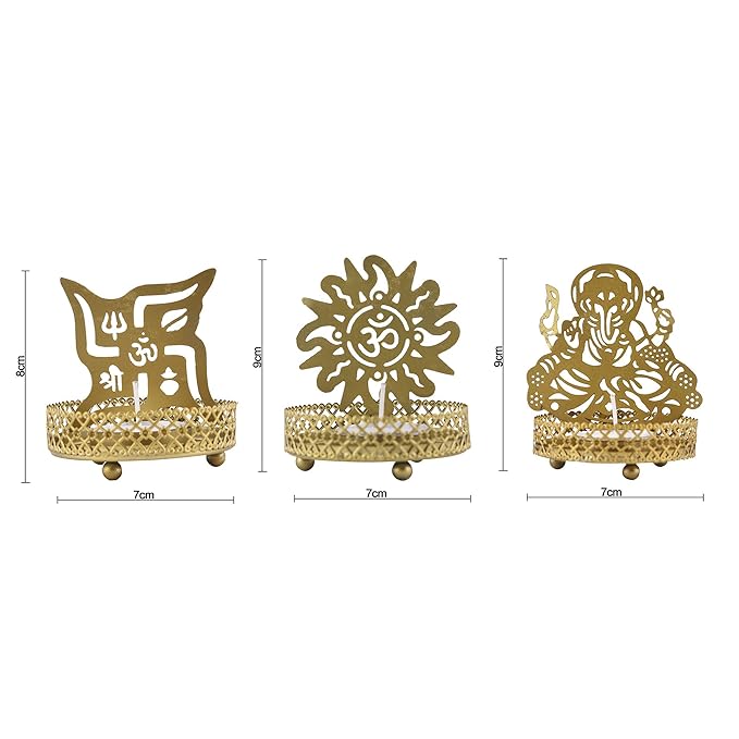 Set of 3 Shadow Ganesh Sathiya Om Metal Tea Light Holder, Brass finish Pooja Diwali Candle Holder with Free Wax diya