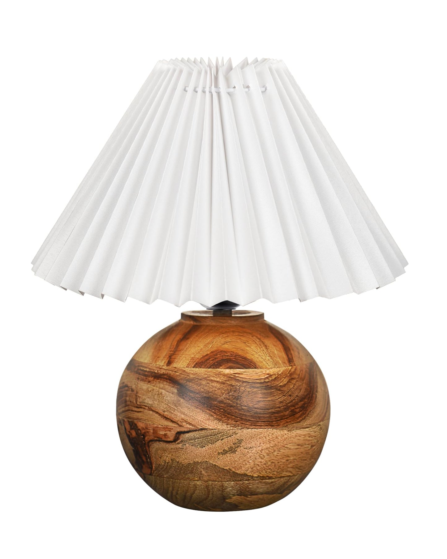 Round Wood Rustic Table Lamp for Bedroom, Living Room, Dining Room, Accent Table, Coffee Table, Nordic Fabric Shade, Pleated Jute