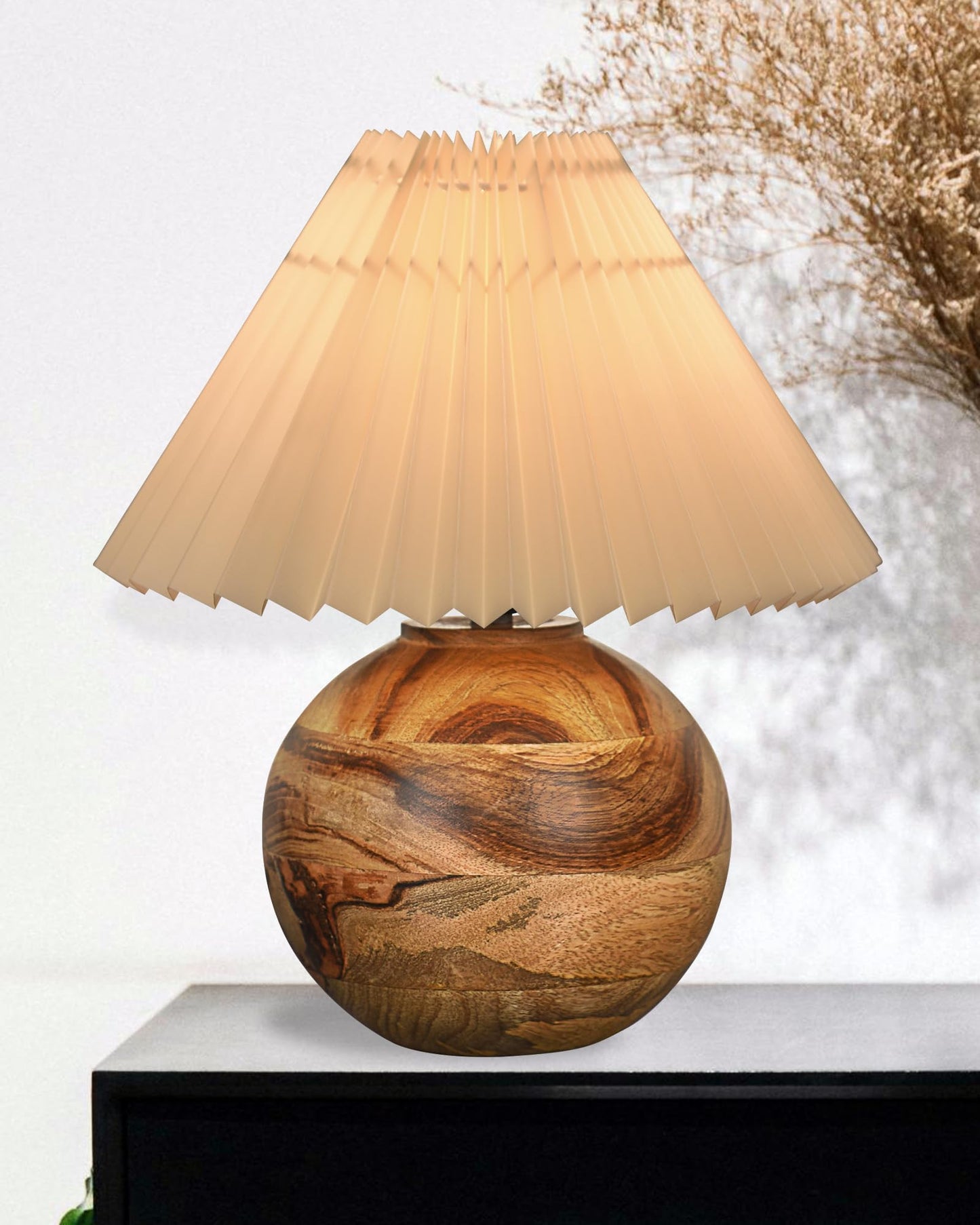 Round Wood Rustic Table Lamp for Bedroom, Living Room, Dining Room, Accent Table, Coffee Table, Nordic Fabric Shade, Pleated Jute