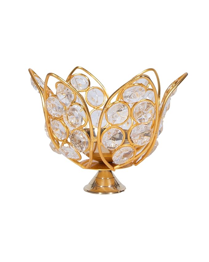 Lotus Shape Crystal Akhand Diya Jyothi Oil Deepam Brass for Puja Home Decor