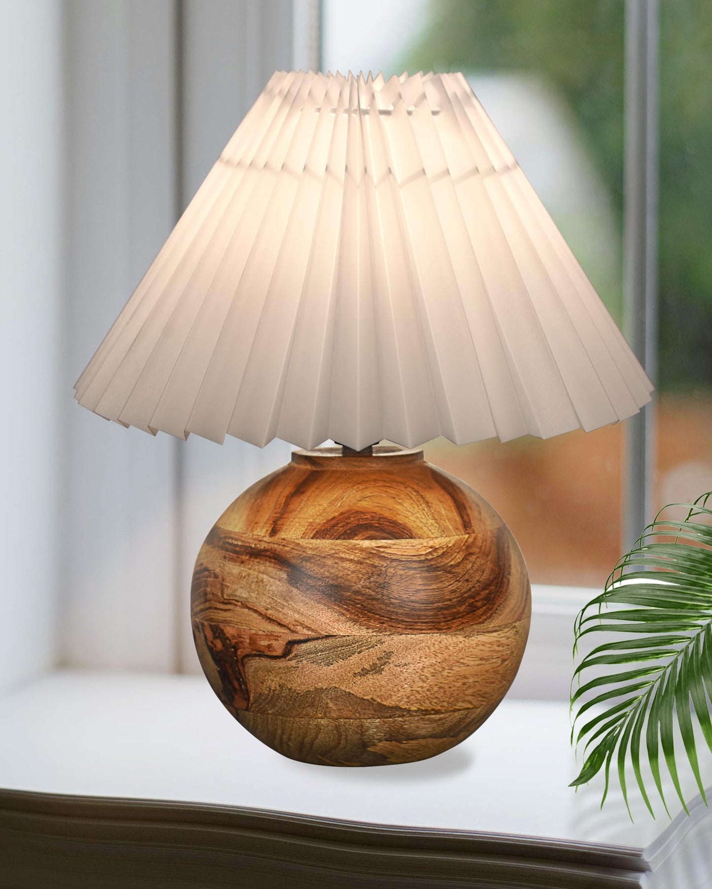 Round Wood Rustic Table Lamp for Bedroom, Living Room, Dining Room, Accent Table, Coffee Table, Nordic Fabric Shade, Pleated Jute