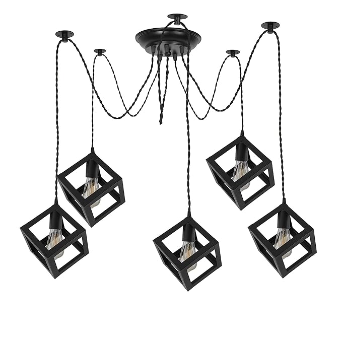 Spider Chandelier Cube Lamp, Vintage Edison Style E 27 Adjustable DIY Ceiling Pendant Light, E27 Rustic Cluster Hanging Light(1.25 M, Black Twisted Wire)