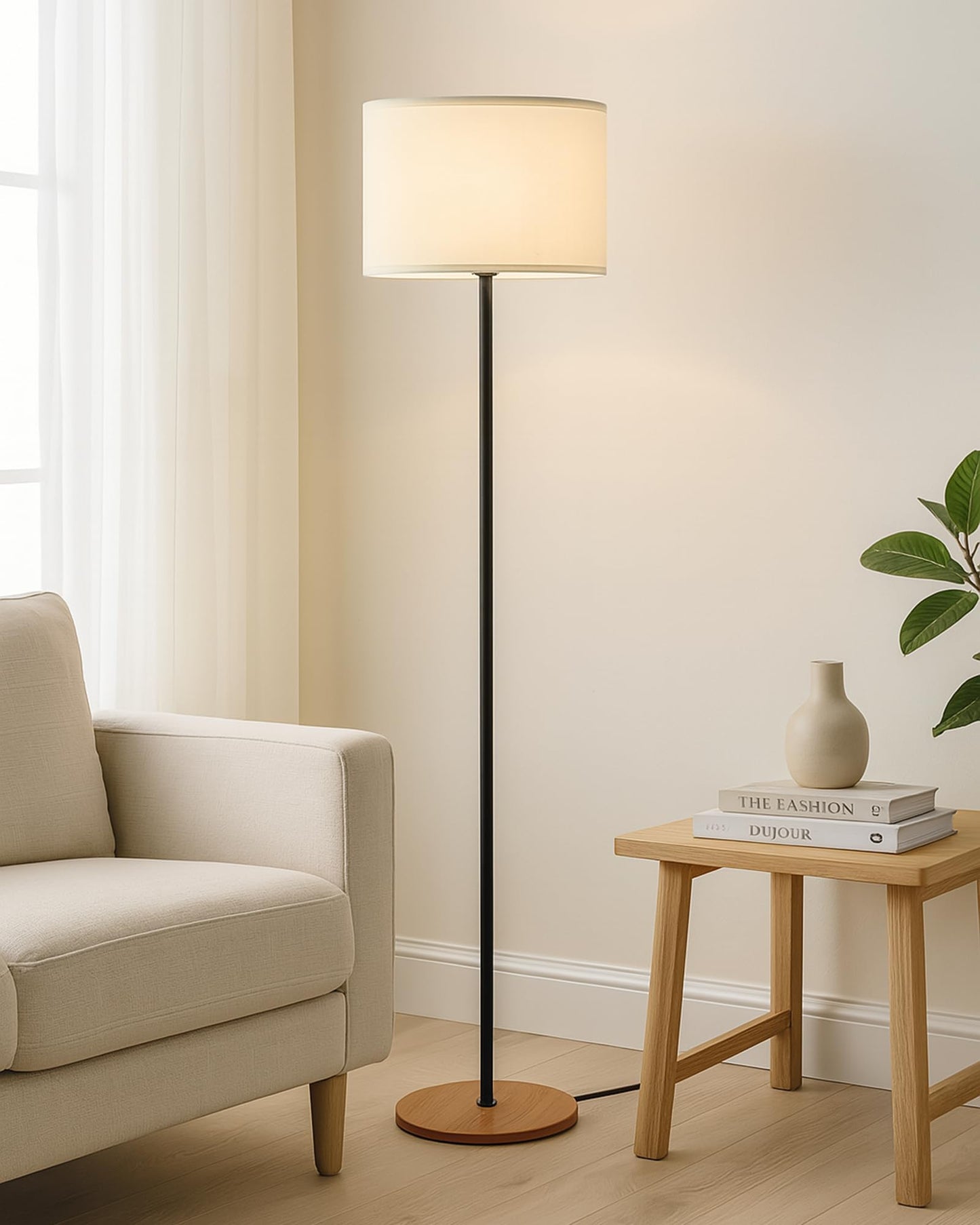 Homesake® Modern Floor Lamp for Living Room Traditional Farmhouse Boho Floor Lamp Mid-Century Pole Lamp, Linen Lamp Shade Side Standing Lamps | Corner Lamp Light | Hall Bedroom Office, Pleated White