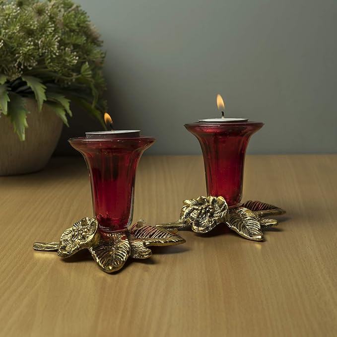 Antique Gold Candle Stand Grapevine, Diya Holder, Set of Two