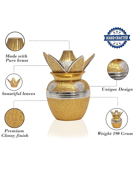 Brass Kalash Lota with Leaf with Brass Coconut for Pooja Temple, Decorative Kalash for Wedding, Brass kalasam for Gift, Pooja Items for Home, Housewarming Gift