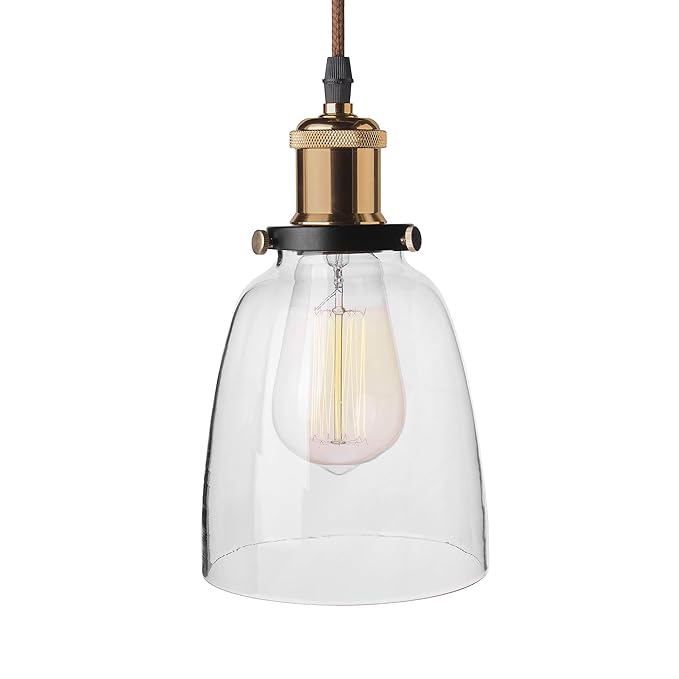 Pendant Light with Bell Glass Shade, Metal Base Cap and Adjustable Textile Cord, Industrial Style Retro Hanging Lamps for Dining Living Room