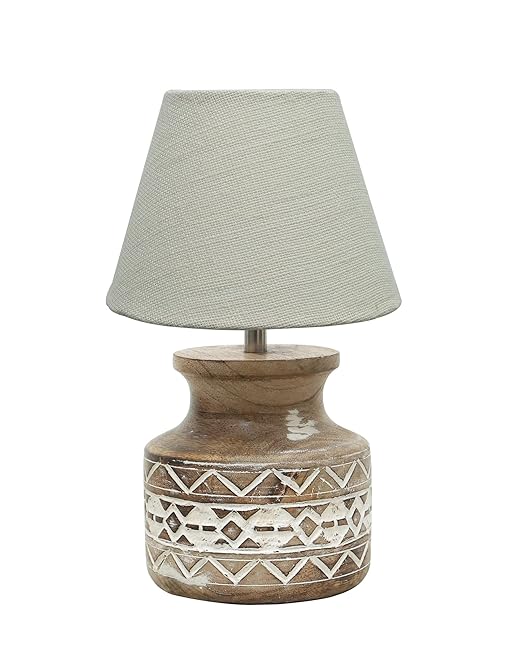 Wood Table Lamp, Modern Base Fabric Lampshade for Home Office Cafe Restaurant, Carved Pot, White Jute