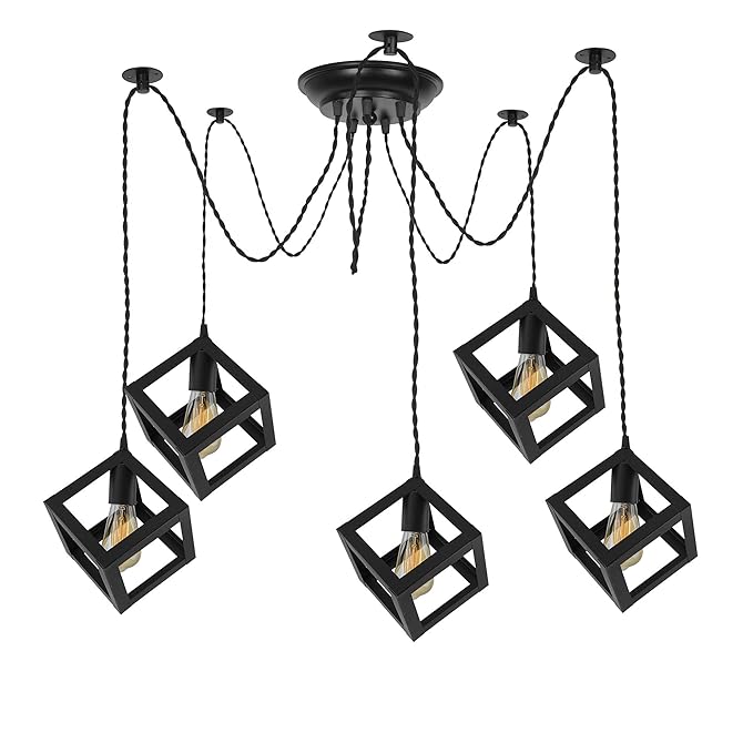 Spider Chandelier Cube Lamp, Vintage Edison Style E 27 Adjustable DIY Ceiling Pendant Light, E27 Rustic Cluster Hanging Light(1.25 M, Black Twisted Wire)