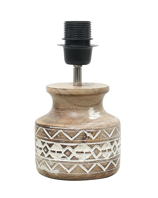 Wood Table Lamp, Modern Base Fabric Lampshade for Home Office Cafe Restaurant, Carved Pot, White Jute
