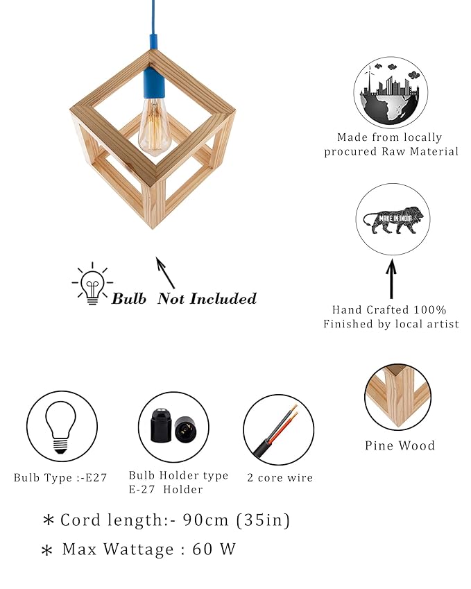 Modern Nordic Wooden Pendant Cube Light, with Silicon Holder, Restaurant Dining Kitchen Hanging Light with Fixture, LED/Filament