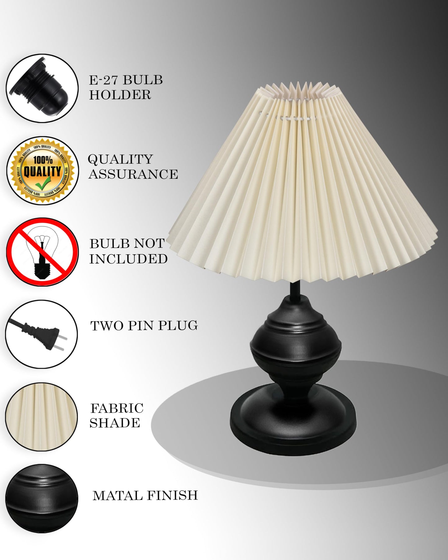 Bedside Black Metal Table Lamp with Fabric Shade, E27 holder, Urn, Pleated Jute Shade