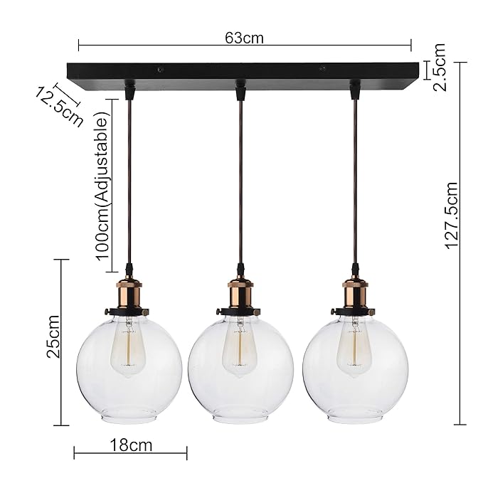 3-Lights Linear Cluster Chandelier Modern Glass Globe Hanging Light, Antique Socket, E27 Holder, Kitchen Island Ceiling Light URBAN Retro