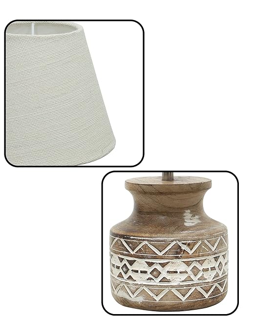 Wood Table Lamp, Modern Base Fabric Lampshade for Home Office Cafe Restaurant, Carved Pot, White Jute