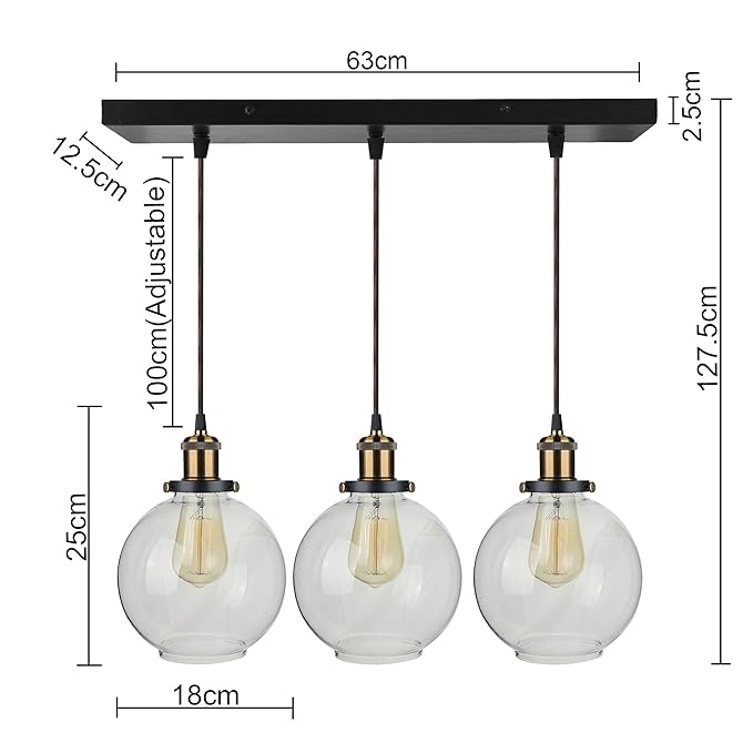 3-Lights Linear Cluster Chandelier Modern Glass Globe Hanging Light, Antique Socket, E27 Holder, Kitchen Island Ceiling Light URBAN Retro