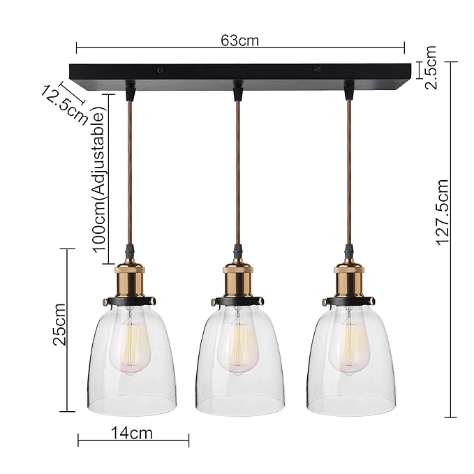 3-Lights Linear Cluster Chandelier Modern Bell Glass Shade Hanging Light, Antique Socket, E27 Holder, Decorative, Black, URBAN Retro, Nordic Style