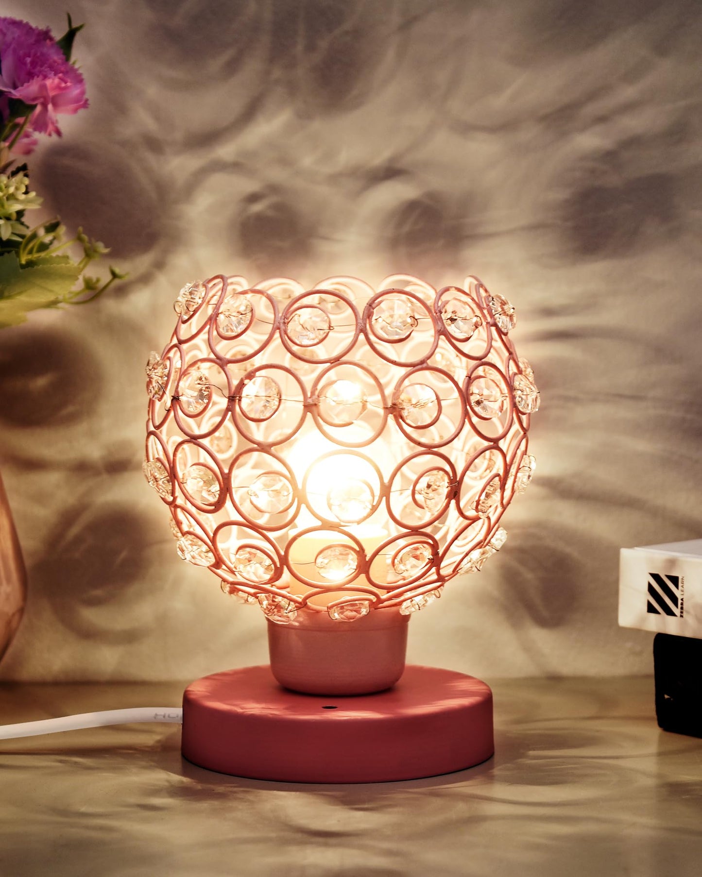 Semi Crystal Table Lamps Mood Lighting | Small Crystal Night Lamp Stylish Bedside Lamp Light | Unique Modern Decorative Desk Lamp for Bedroom Living Room, Pink