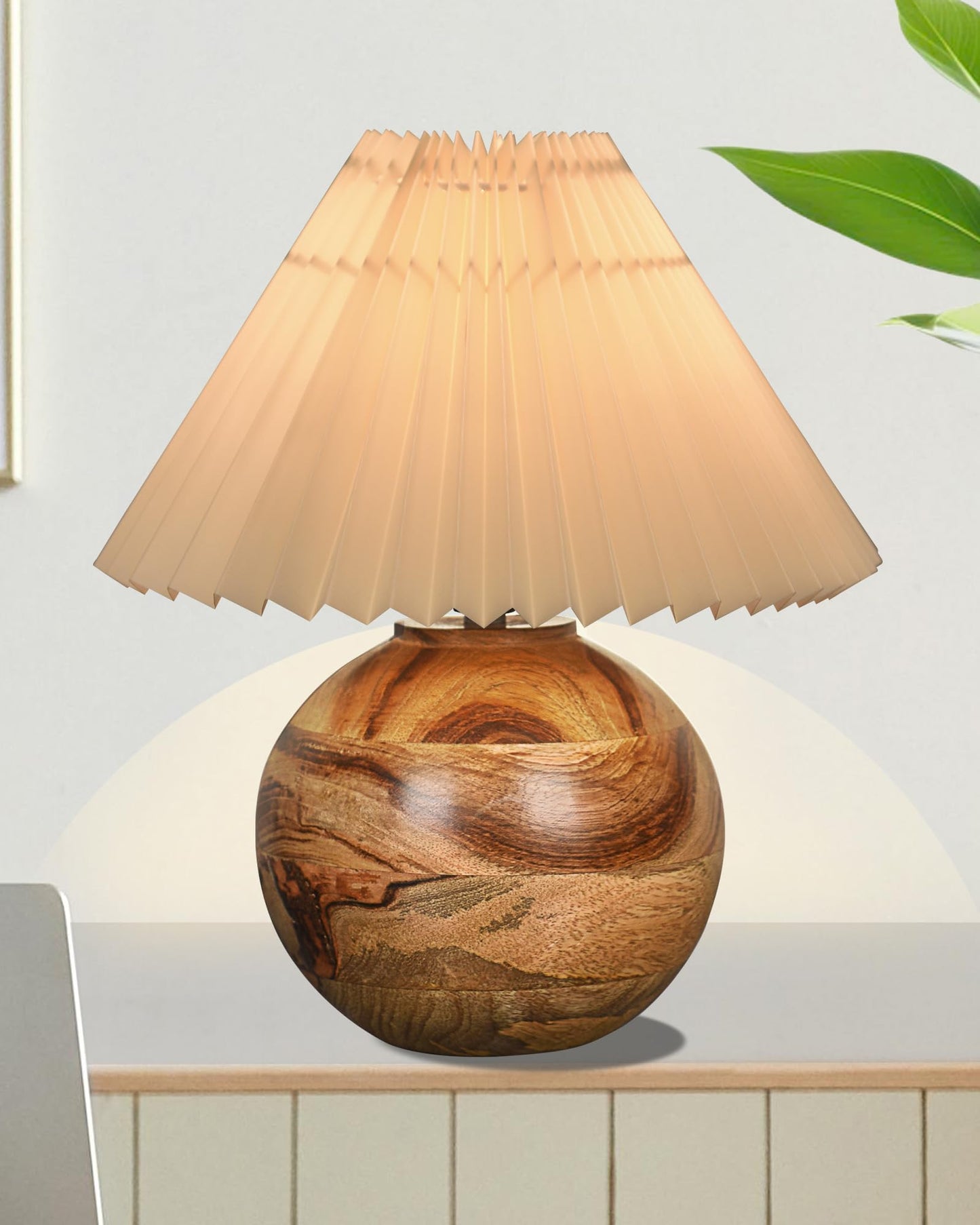 Round Wood Rustic Table Lamp for Bedroom, Living Room, Dining Room, Accent Table, Coffee Table, Nordic Fabric Shade, Pleated Jute