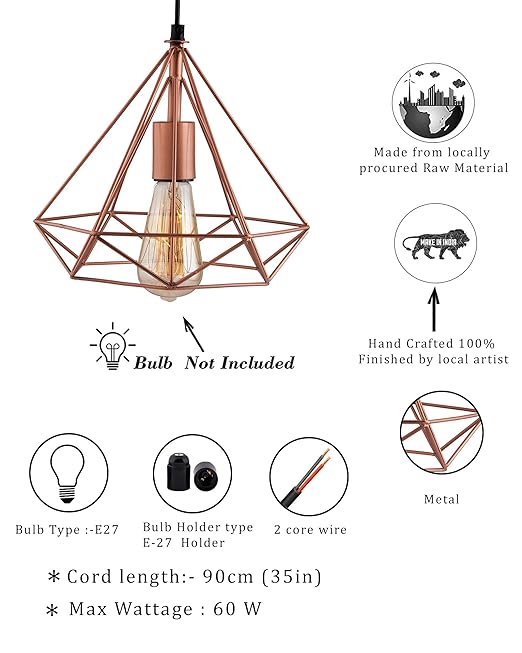 Copper Edison Filament Hanging DIAMOND Caged, E27 Holder,Ceiling Light for LED/Filament Bulb, Decorative, Urban Retro Style, Black Colour Metal