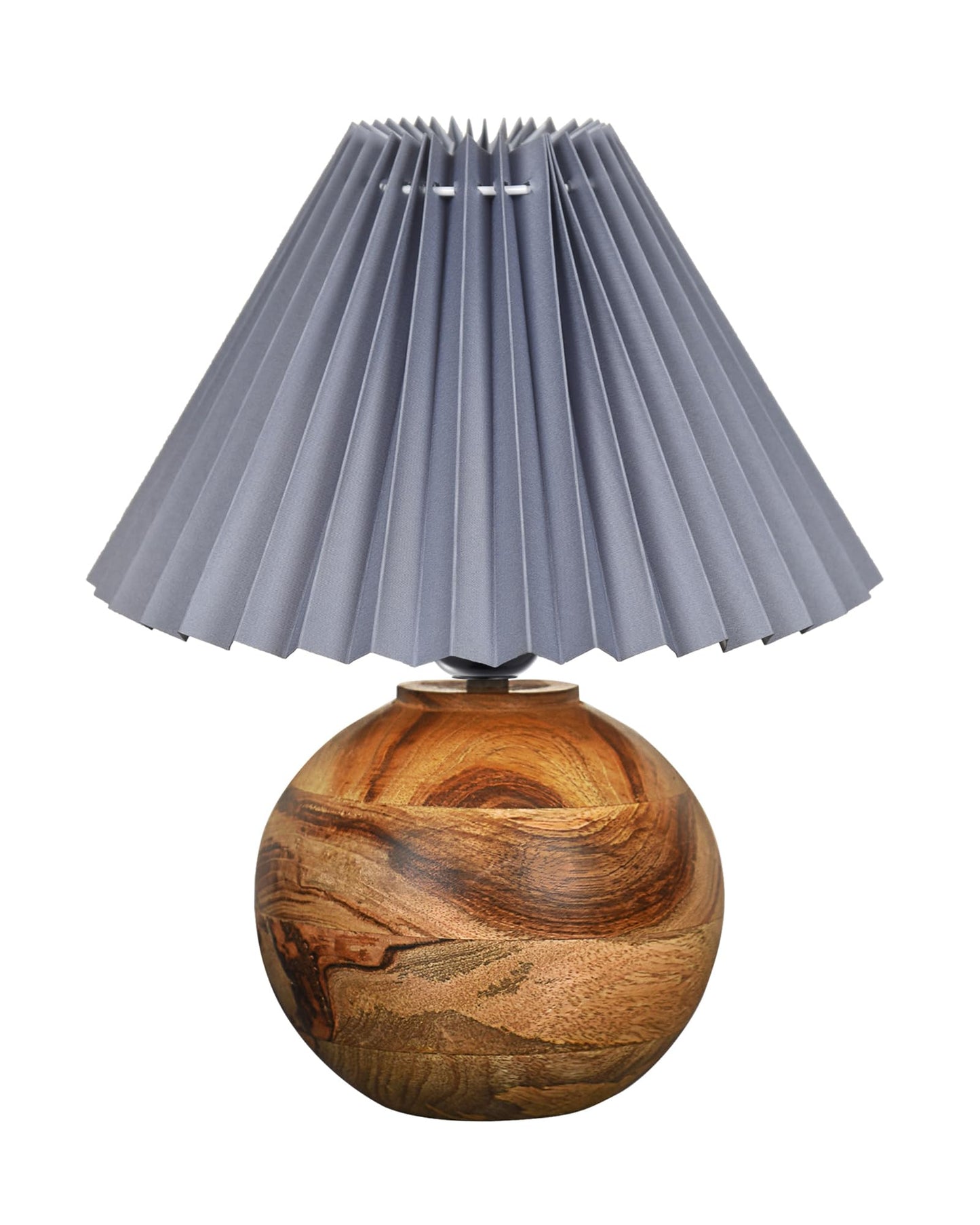 Round Wood Rustic Table Lamp for Bedroom, Living Room, Dining Room, Accent Table, Coffee Table, Nordic Fabric Shade, Pleated Jute