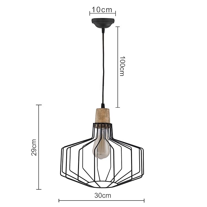 Industrial Loft Black Metal Cage Wood Art Pendant, Hanging Ceiling Lights, Edison Vintage light