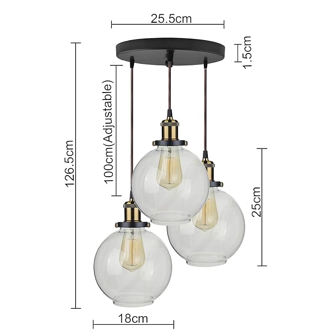 3-Lights Round Cluster Chandelier Modern Glass Globe Hanging Light, Antique Socket, E27 Holder, Kitchen Island Ceiling Light URBAN Retro