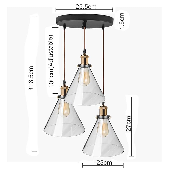 3-Lights Round Cluster Chandelier Modern Glass Cone Shaped Hanging Light, Antique Socket, E27 Holder, Decorative, Copper, URBAN Retro, Nordic Style
