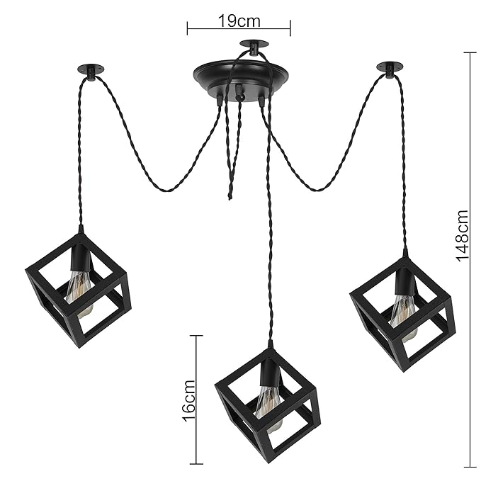 Spider Chandelier Cube Lamp, Vintage Edison Style E 27 Adjustable DIY Ceiling Pendant Light, E27 Rustic Cluster Hanging Light(1.25 M, Black Twisted Wire)