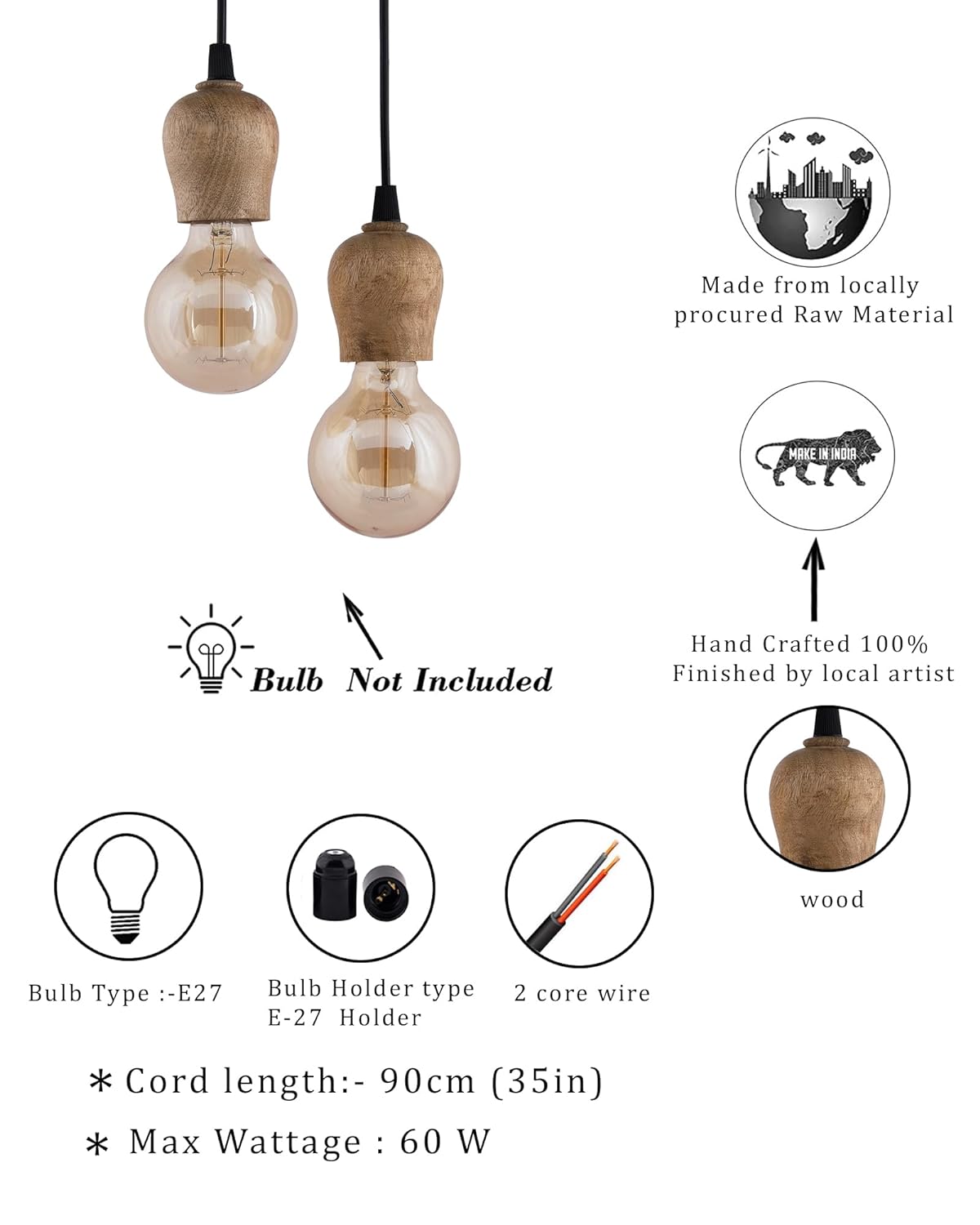 Edison Filament Wooden walnut Bubble Bulb Holder, Urban, retro, nordic style, with fixture