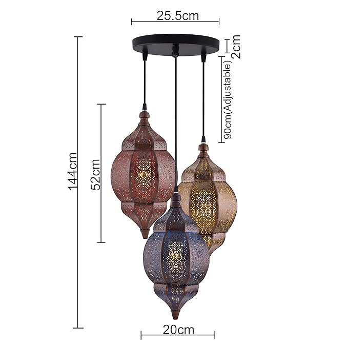 3-Lights Round Cluster Chandelier Ceiling Multicolor Classic Moroccan Orb Hanging Pendant Light with Braided Cord, URBAN Retro, Nordic Style, LED/Filament Bulb