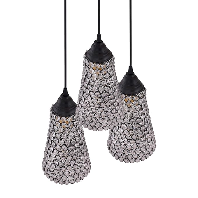 3-lights Round Cluster Chandelier Crystal Cone Hanging Pendant Light with Braided Cord
