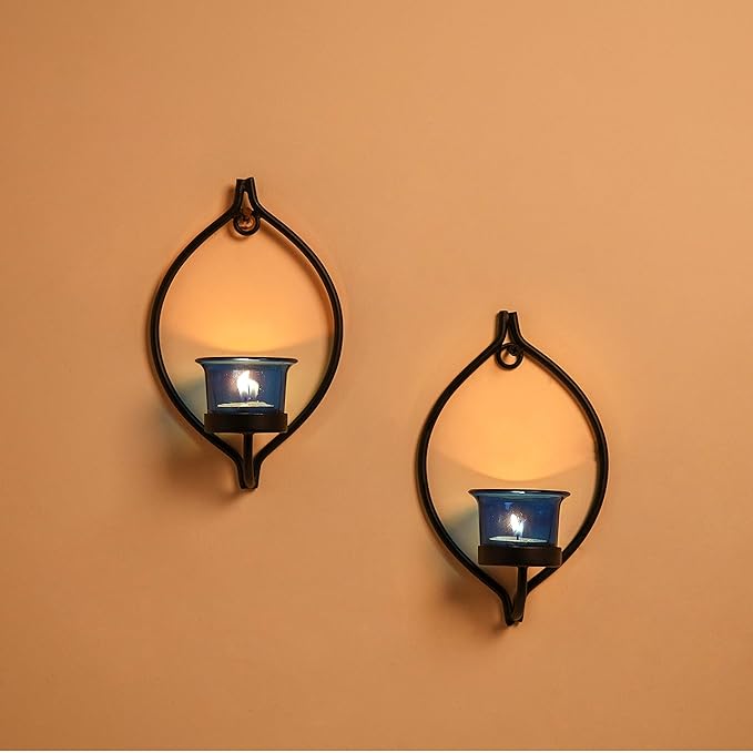 Set of 2 Decorative Black Eye Wall Sconce/Candle Holder With Glass and Free T-light Candles
