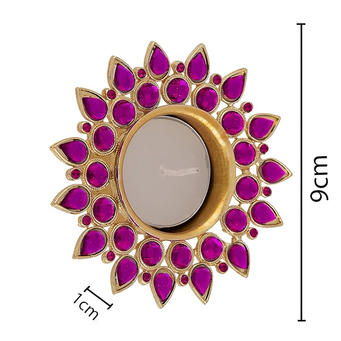 Crystal Diya with T-Light- Set of Four silver plates, candle holder stand with free candle