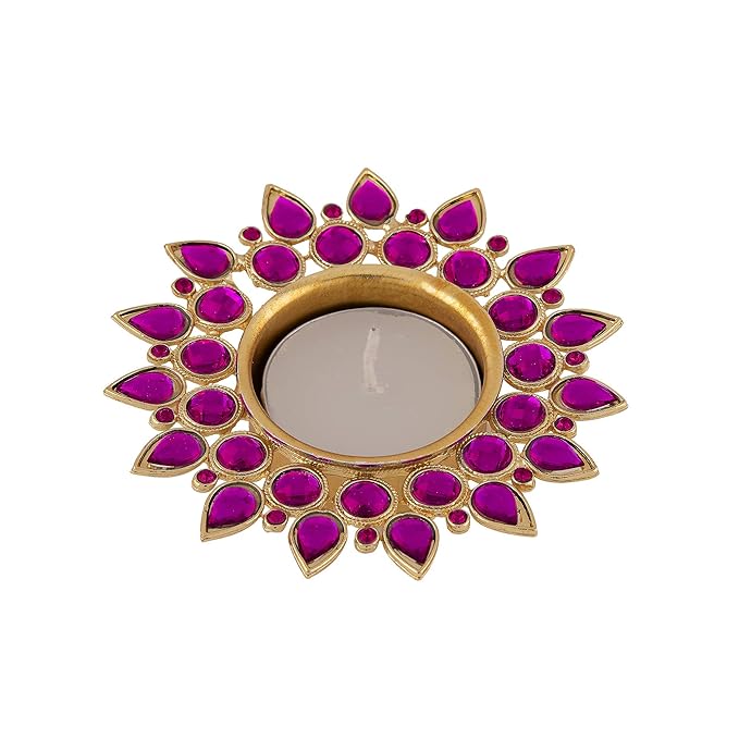 Crystal Diya with T-Light- Set of Four silver plates, candle holder stand with free candle