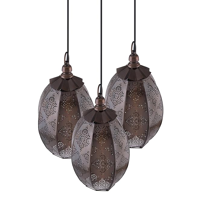 3-Lights Round Cluster Chandelier Ceiling Antique Finish Oval Moroccan Hanging Pendant Light with Braided Cord, URBAN Retro, Nordic Style, LED/Filament Bulb3-Lights c Style, LED/Filament Bulb