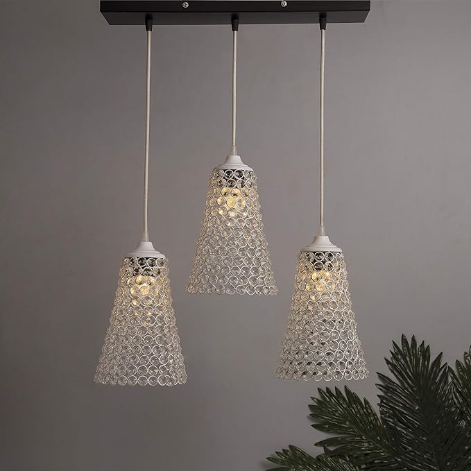 3-lights Linear Cluster Chandelier Crystal Cone Hanging Pendant Light with Braided Cord