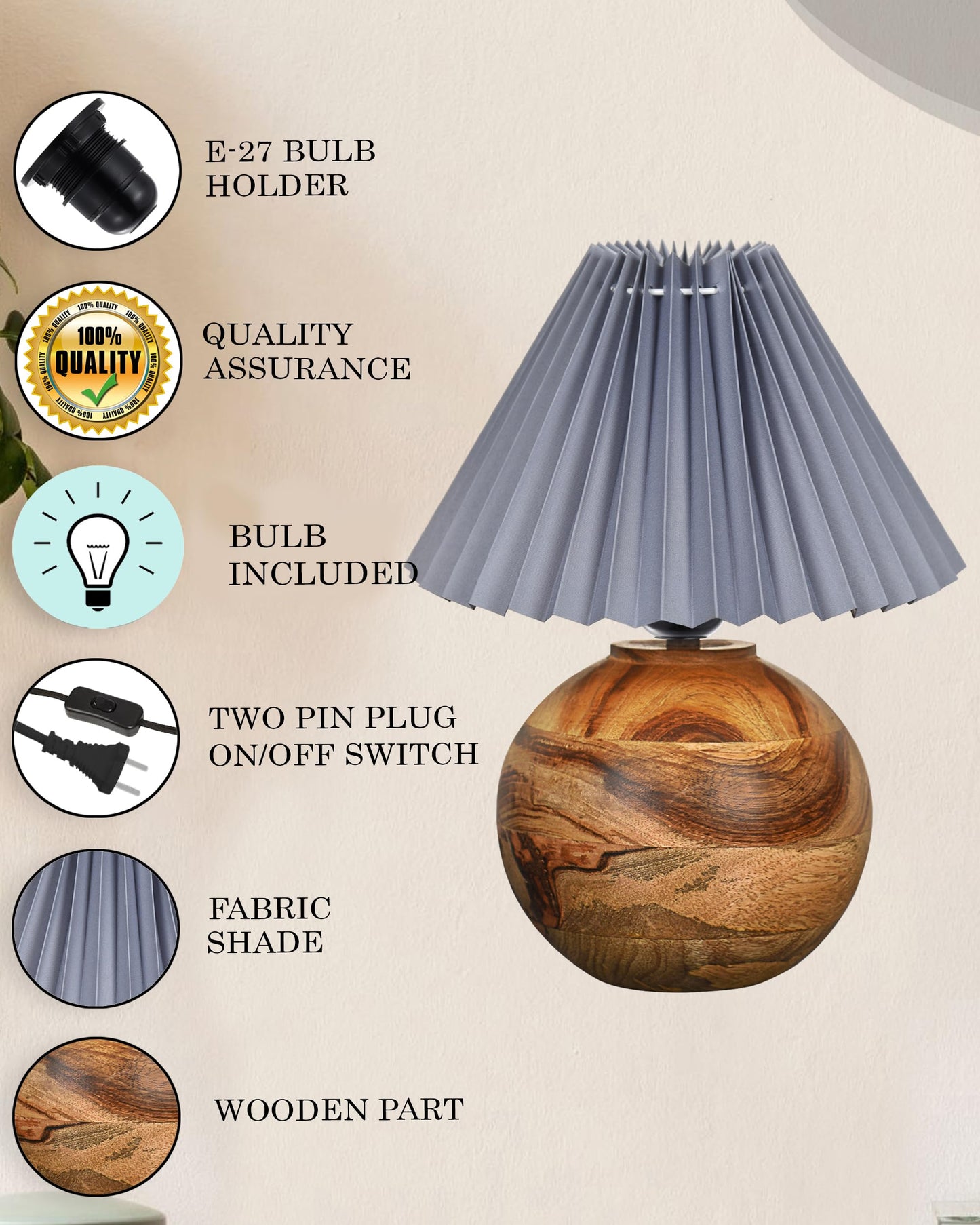 Round Wood Rustic Table Lamp for Bedroom, Living Room, Dining Room, Accent Table, Coffee Table, Nordic Fabric Shade, Pleated Jute