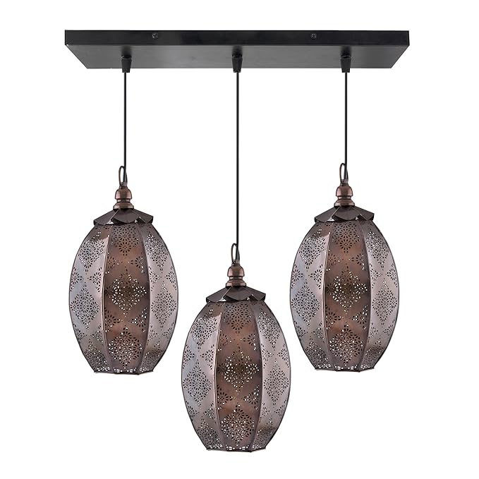 3-Lights Linear Cluster Chandelier Antique Finish Oval Moroccan Hanging Pendant Light, Kitchen Area and Dining Room Light, LED/Filament Light