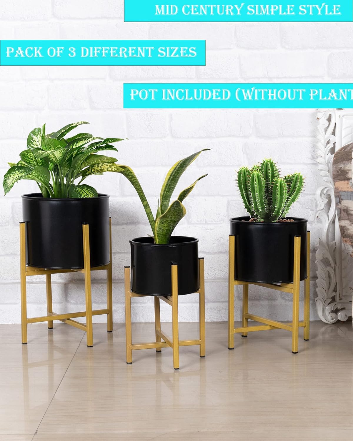 Mid Century Planters with Metal Stand (Set of 3) - Modern Decorative Plant Pot and Flower Holder with Iron Stand for Corner Display- Indoor Plant Stand for Home Decor, Golden