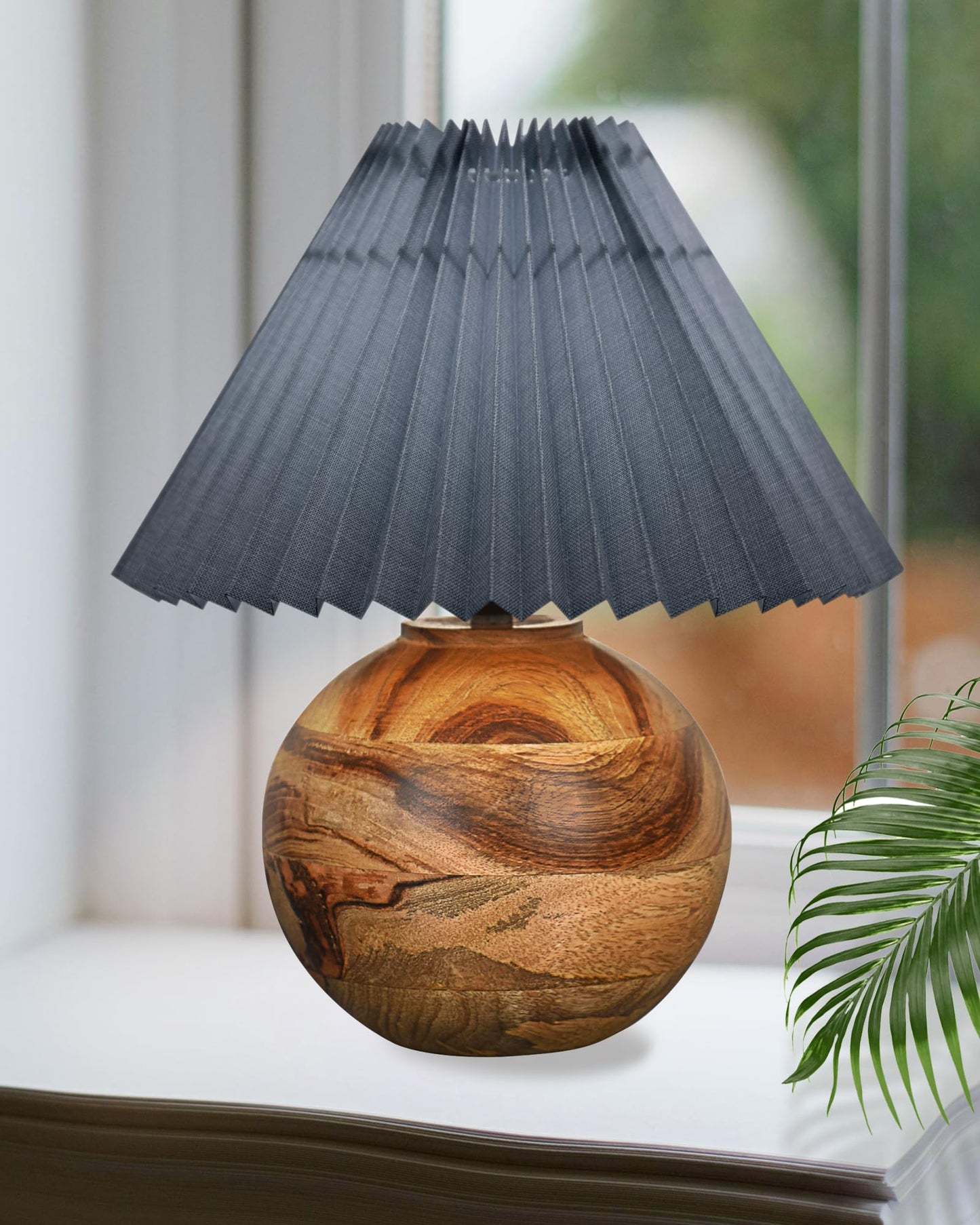 Round Wood Rustic Table Lamp for Bedroom, Living Room, Dining Room, Accent Table, Coffee Table, Nordic Fabric Shade, Pleated Jute