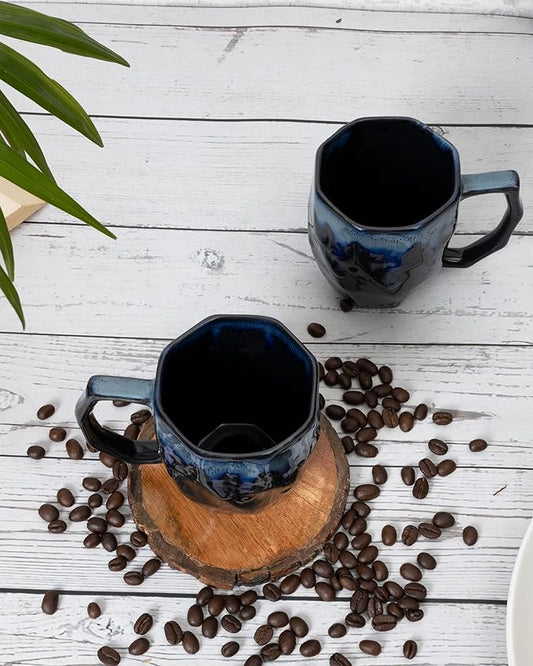 Black Hexagon Handmade Irish Coffee Tea & Beer Mugs,Altered Glaze Latte Cups, Strips