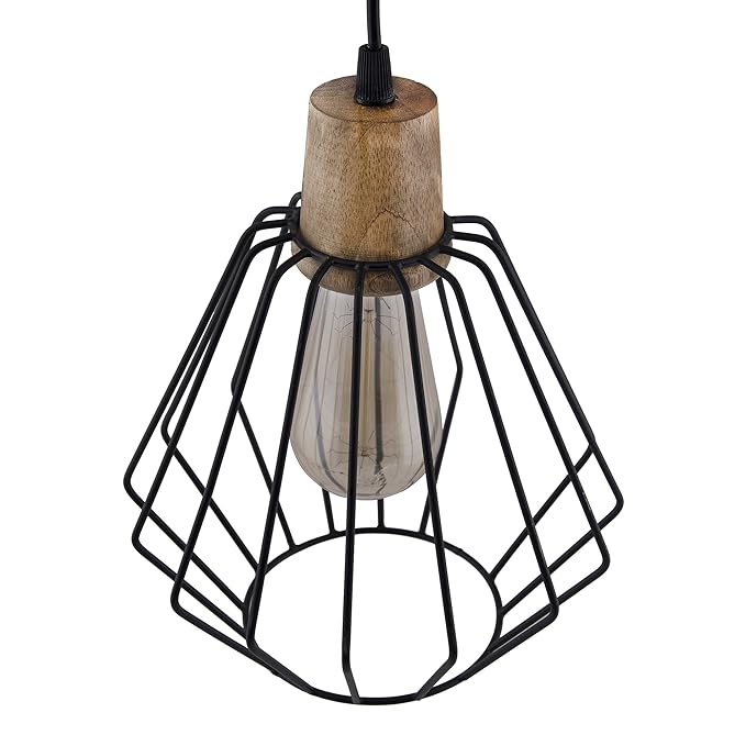 Industrial Loft Black Metal Cubist Cage Wood Art Pendant, Hanging Ceiling Lights, Edison Vintage light