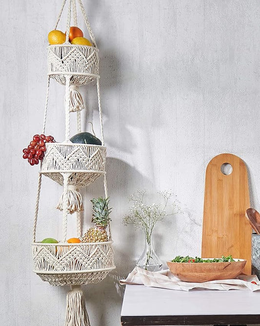 3 Tier Hanging Fruit Basket for Kitchen, Macrame Hanging Basket for Fruit and Vegetable Storage, Boho Wall Baskets for Organizing, Boho Decor for Indoor Plants, 46 Inches Long