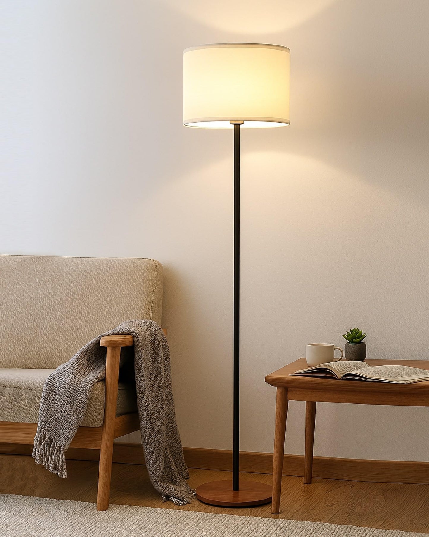 Homesake® Modern Floor Lamp for Living Room Traditional Farmhouse Boho Floor Lamp Mid-Century Pole Lamp, Linen Lamp Shade Side Standing Lamps | Corner Lamp Light | Hall Bedroom Office, Pleated White