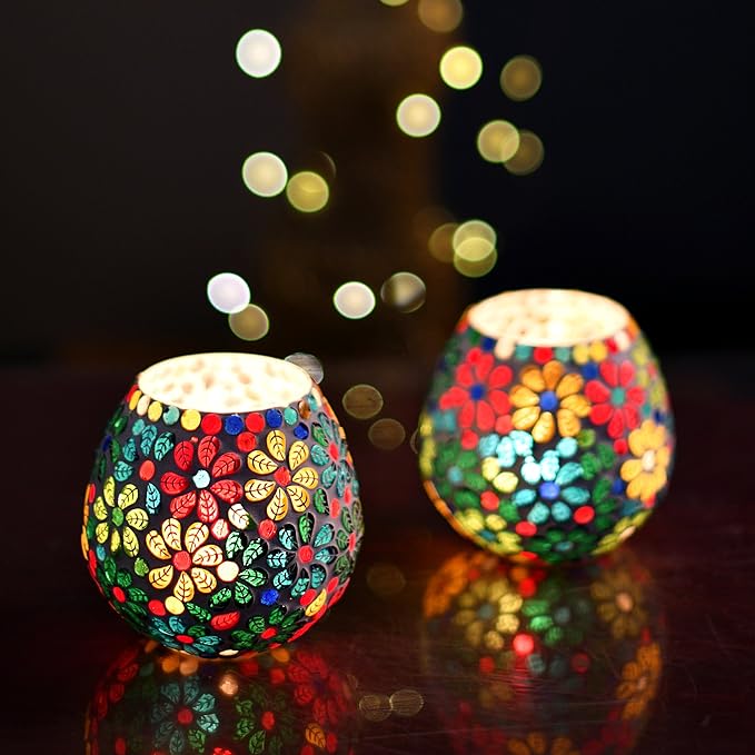 Moroccan Glass Mosaic Candle Holder, Tea Light holder Votive, Set of 2