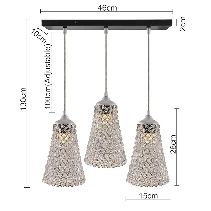 3-lights Linear Cluster Chandelier Crystal Cone Hanging Pendant Light with Braided Cord