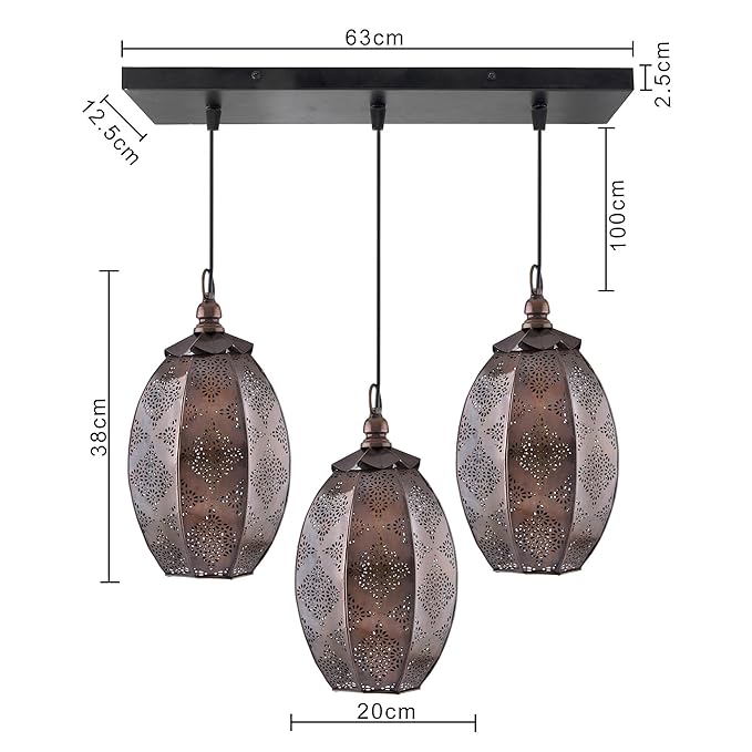 3-Lights Linear Cluster Chandelier Antique Finish Oval Moroccan Hanging Pendant Light, Kitchen Area and Dining Room Light, LED/Filament Light