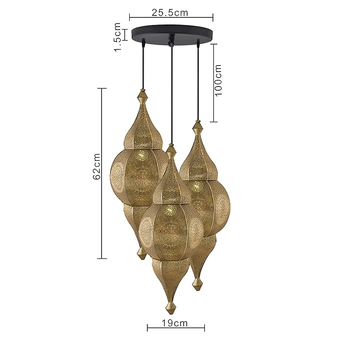 3-Lights Round Cluster Chandelier Ceiling Antique Classic Moroccan Nargis Hanging Pendant Light with Braided Cord, URBAN Retro, Nordic Style, LED/Filament Bulb