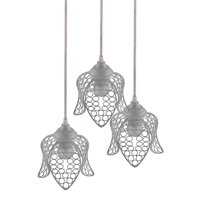 3-Lights Round Cluster Chandelier White Lotus Hanging Pendant Light with Braided Cord