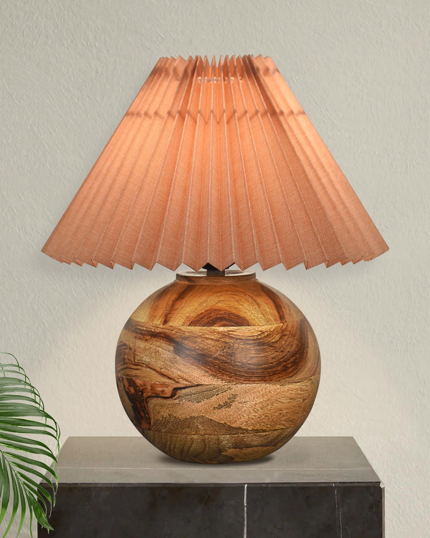 Round Wood Rustic Table Lamp for Bedroom, Living Room, Dining Room, Accent Table, Coffee Table, Nordic Fabric Shade, Pleated Jute