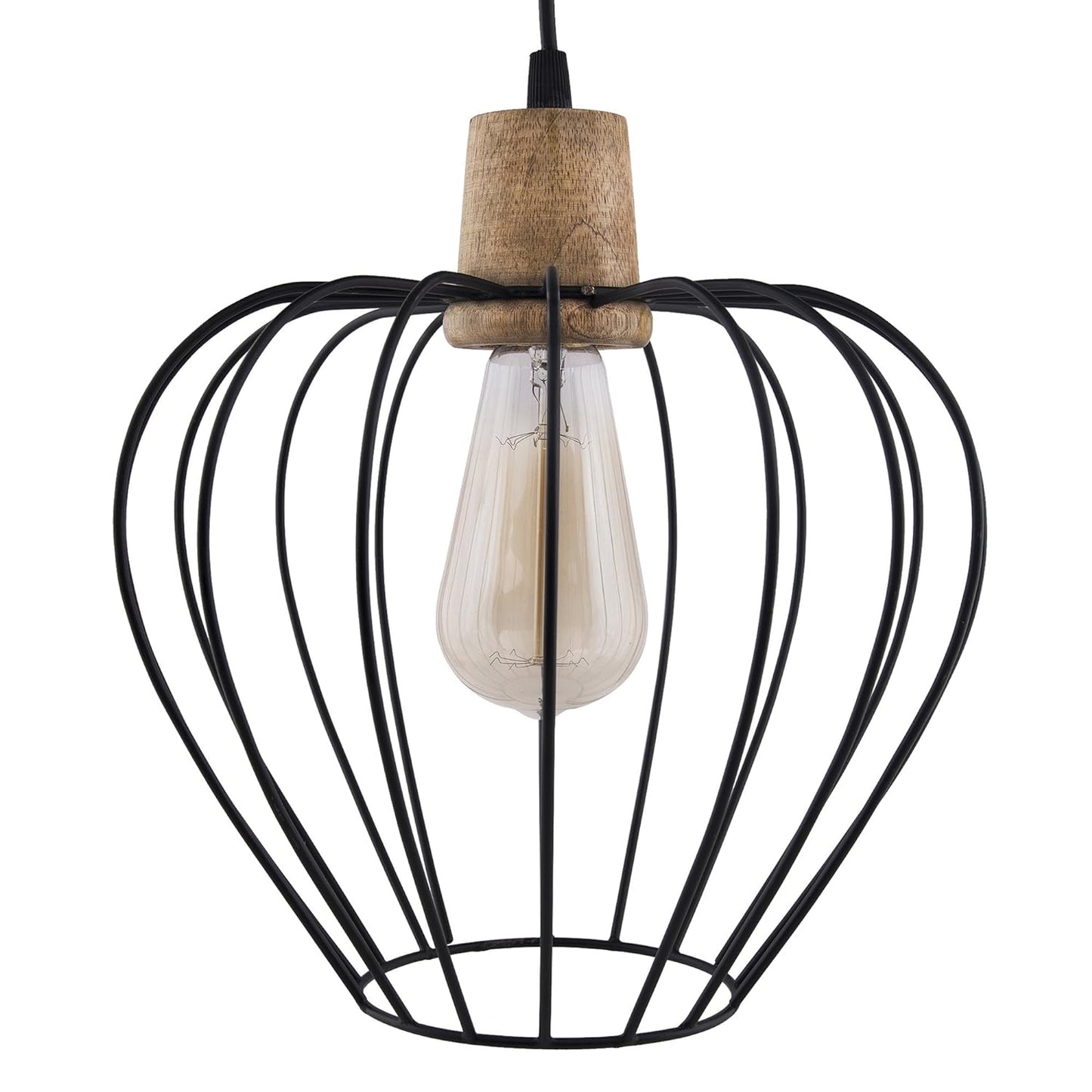 Industrial Loft Black Metal Chimney Cage Wood Art Pendant, Hanging Ceiling Lights, Edison Vintage light